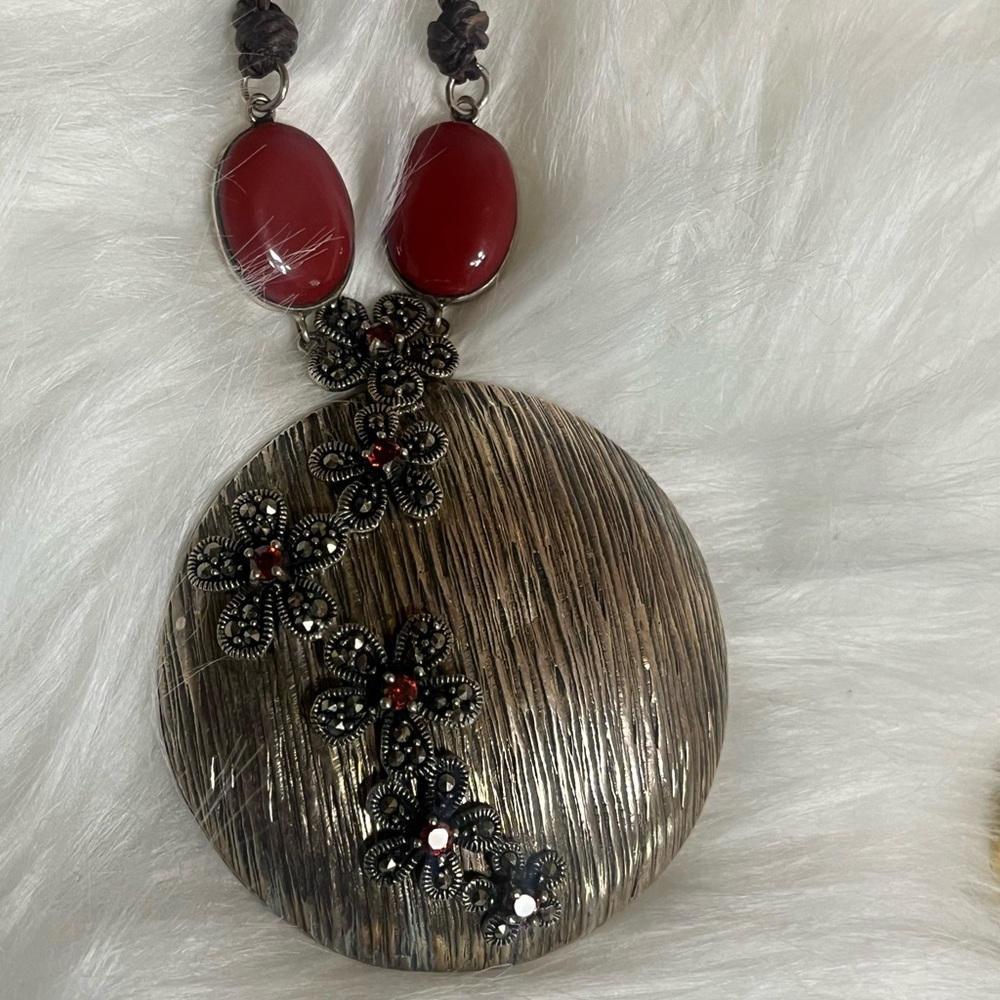 Large Sterling Coral Marcasite Necklace